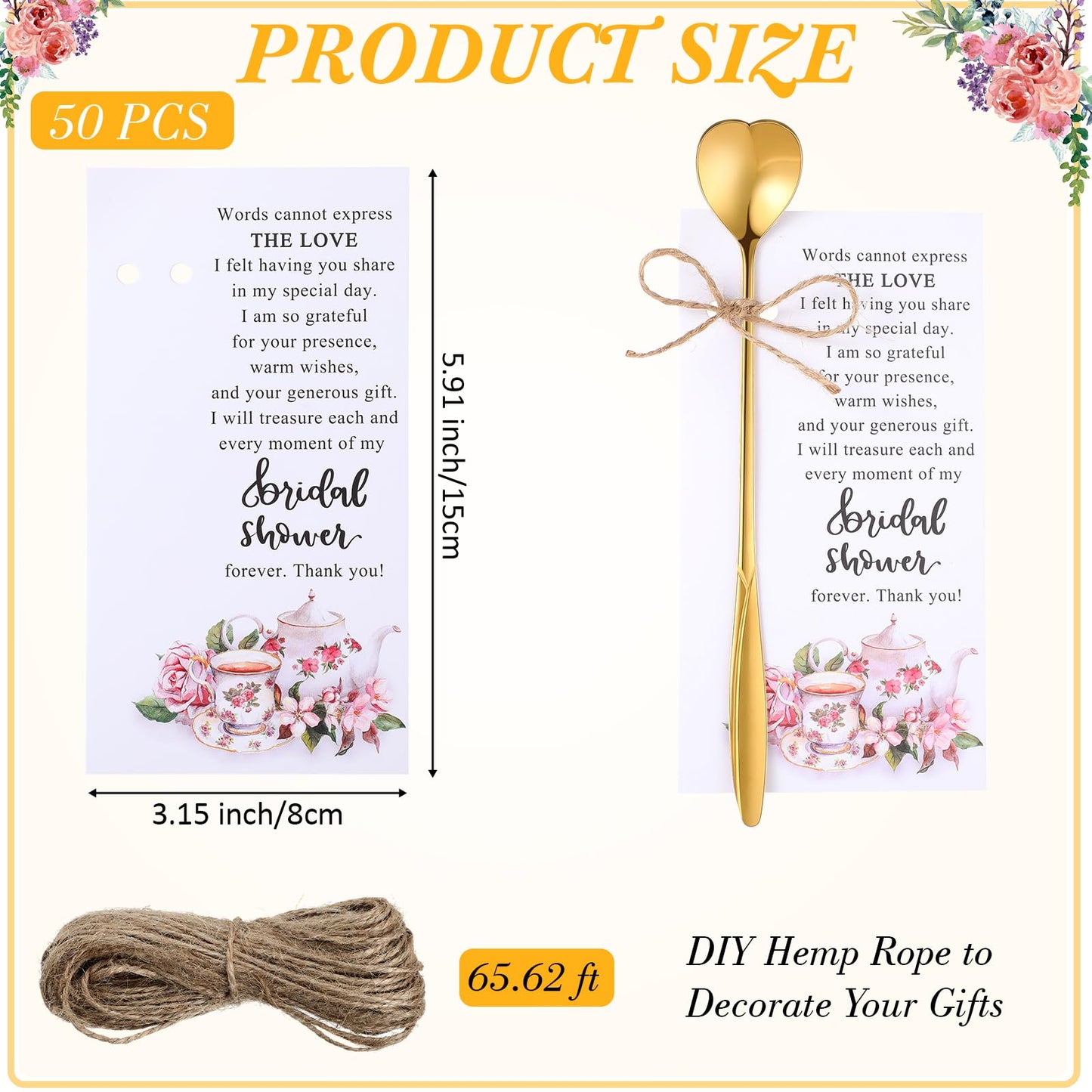 Skybooly 50 Heart Shaped Tea Party Spoons with Bridal Shower Thank You Cards and Hemp Rope Wedding Souvenirs
