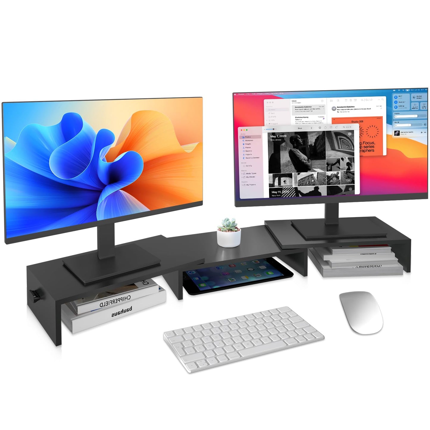 Pholiten Dual Monitor Stand Riser for 2 Screens，Desktop Monitor Stand with Adjustable Length and Swivel Angles, Extra Long Multifunctional Stand up to 48.2" fit Computer Laptop Printer Max 44 lbs