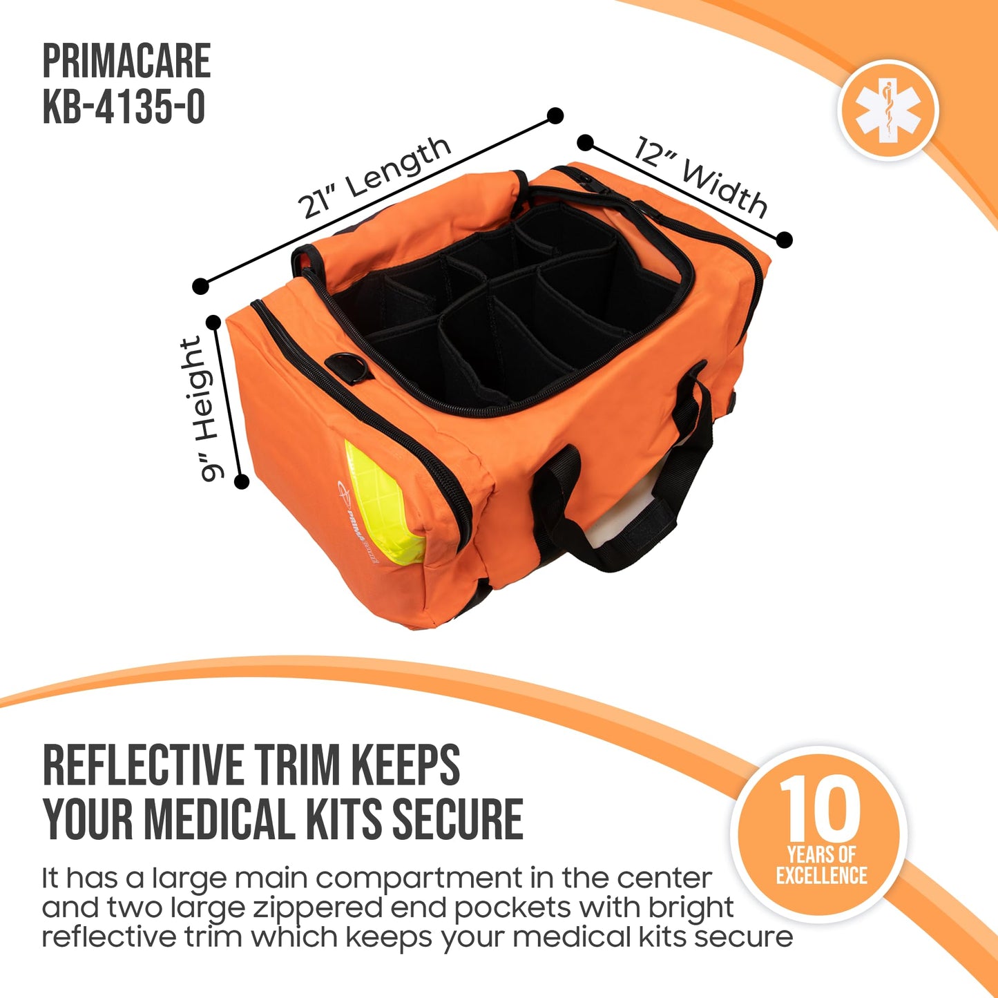 Primacare First Responder Bag for Trauma, Professional Compartment Kit Carrier for Emergency Medical Supplies, Orange, 21x15x5 inches