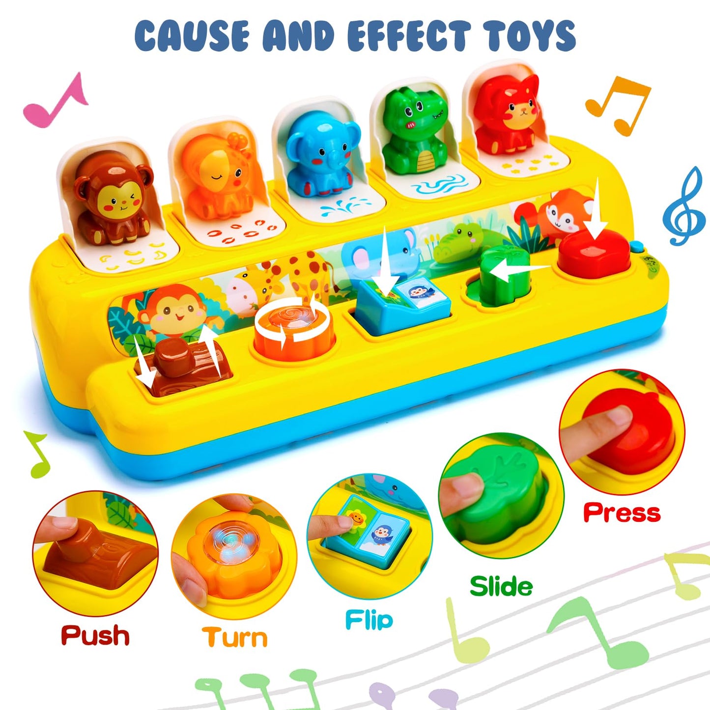 Interactive Pop up Animal Toys with Music & Light, Montessori Cause and Effect Toys for 1 Year Old Boy Girl Early Learning Musical Baby Toys 12 Months STEM Toddler Toys Age 1-2 Gift for Infant