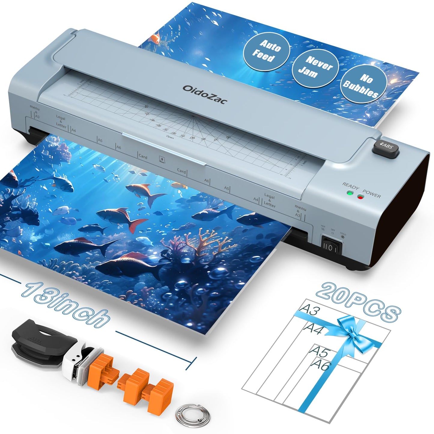 13 Inch Laminator Machine, 11 x 17 Auto Feed Thermal & Cold Laminating Machine with 20 Sheets, Cutter & Corner Rounder for Photos, Letter to Legal, Home Office School, Personal & Commercial (Blue)