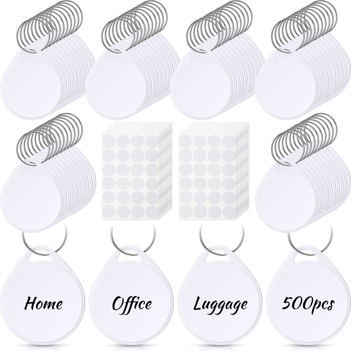 500 Pieces Tough Plastic Key Tags with Split Ring 1.25 Inch Round Item Identifiers Small Waterproof White Writable Key Labels with 1000 Pcs White Label Stickers
