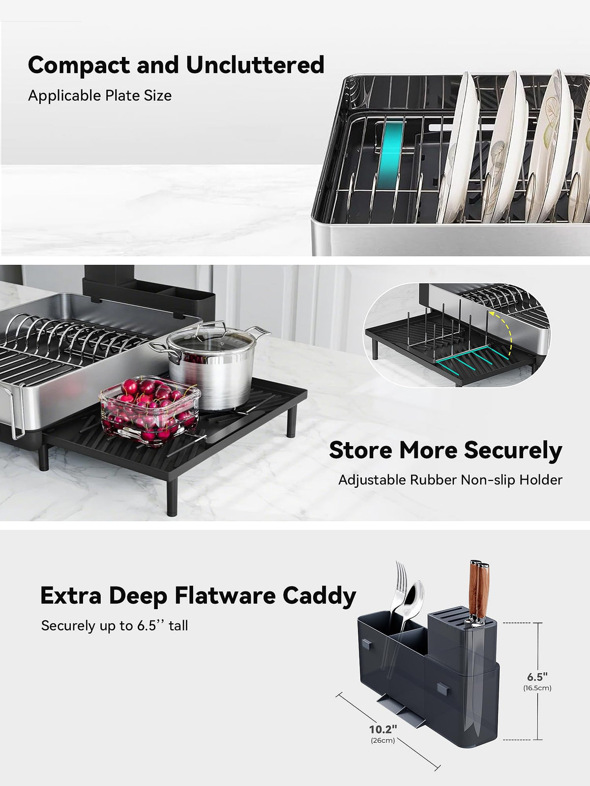 SUNLY Large Dish Drying Rack, for Kitchen Counter, Space Saving 304 Stainless Steel Dish Racks with Drain Board, Extra Large Dish Drainer with Multifunctional Flip Up Pegs, Black