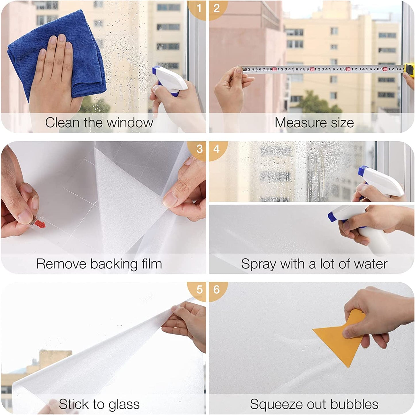 rabbitgoo Window Films for Privacy Frosted Glass Film with Backing Grid Lines Non-Adhesives Privacy Sticker Static Cling Window Covering Decals for Home Office Bathroom Door 90 x 200cm, Pure Frosted
