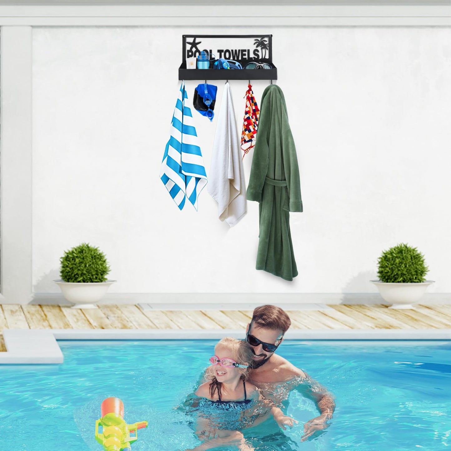 Pool Towel Rack - 2-in-1 Outdoor Poolside Beach Washcloth Drying Rack Holder, Wall Mounted Metal Hooks Decor for Bath Towel Storage, Robe Swimsuit, Coat, Bags, Phone, Keys - Black