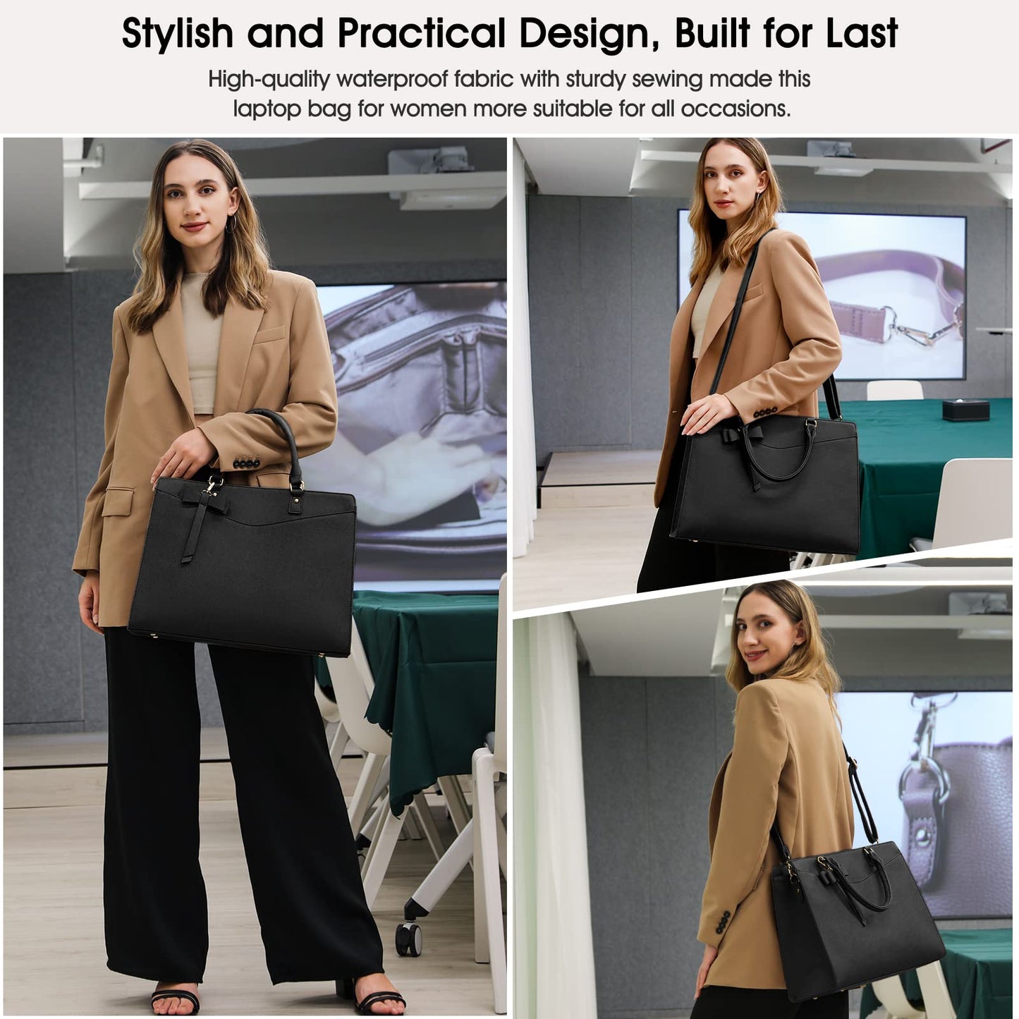 Laptop Bags for Women 15.6 inch Laptop Tote Bag PU Leather Large Work Tote Bag Waterproof Professional Business Office Work Bag Laptop Briefcase Women Travel Handbag Shoulder Bag, Black