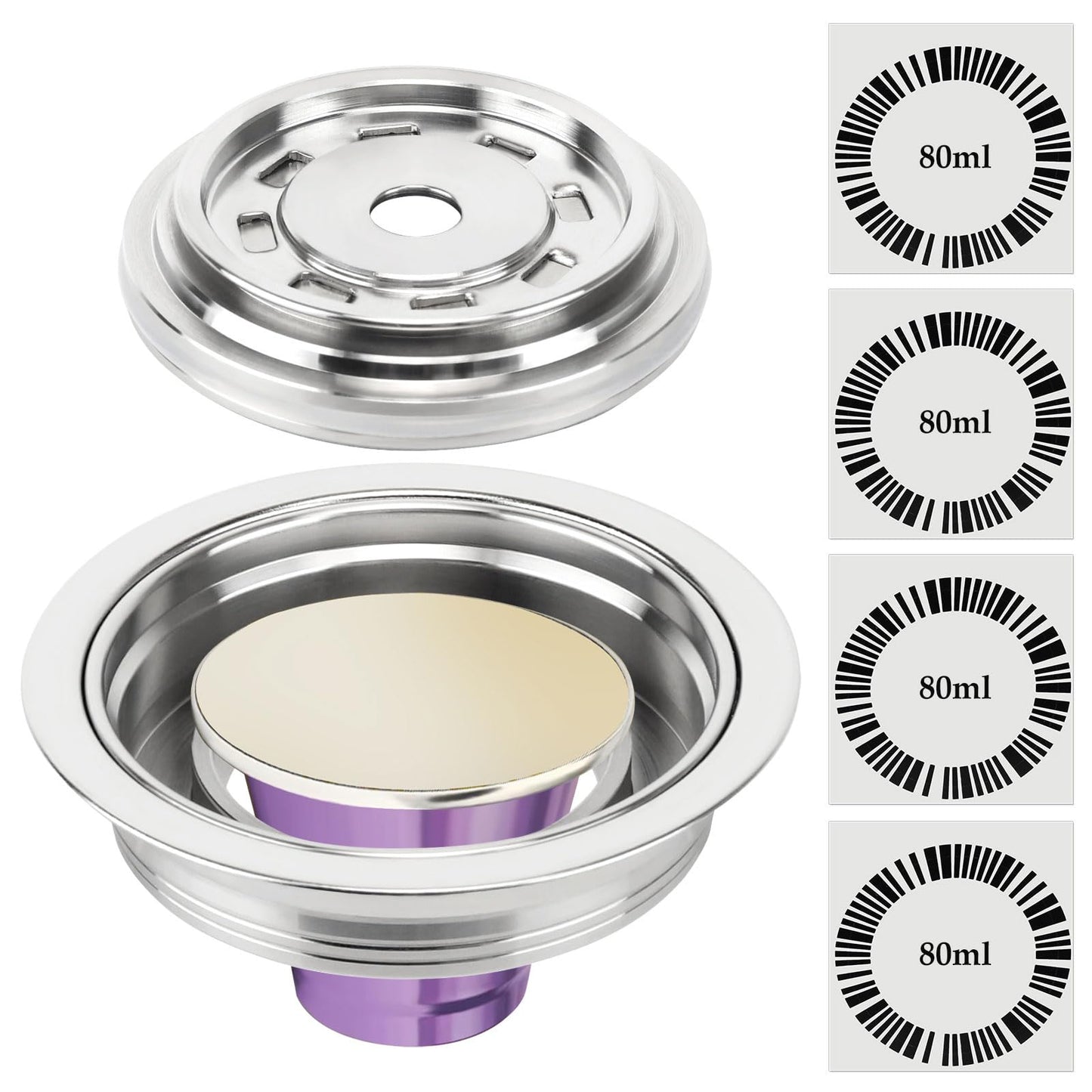 Reusable Coffee Capsule Adapter for Nespresso Vertuo Machines, Stainless Steel Coffee Pod Adapter with 4 Stickers, Compatiable with Vertuo POP/Vertuo Next/Delonghi ENV135/ Vertuolline GCA1 (80 ml)