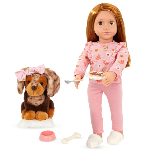 Our Generation – 18-inch Doll & Pet – 6-inch Dachshund Dog Plush – Pretend Food Accessories – Imaginative Play – Toys For Kids Ages 3 & Up – Claudia & Cinnamon