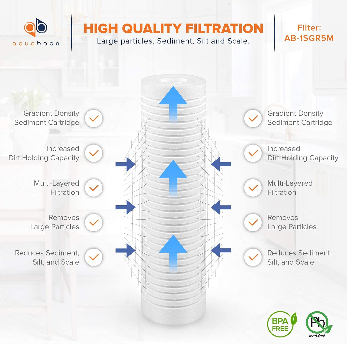 Aquaboon Whole House 5 Micron 10 x 2.5 PP Grooved Sediment Water Filter Cartridge Replacement Compatible with AP110, WHKF-GD05, CFS110, P5, 6-Pack