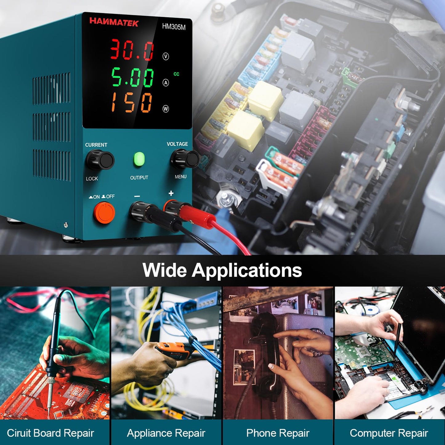 HANMATEK DC Power Supply Variable, 0-30V 0-5A Adjustable Switching DC Regulated Bench,CC CV Mode,Power Supply with High Precision 3-Digit LED Display Value HM305M