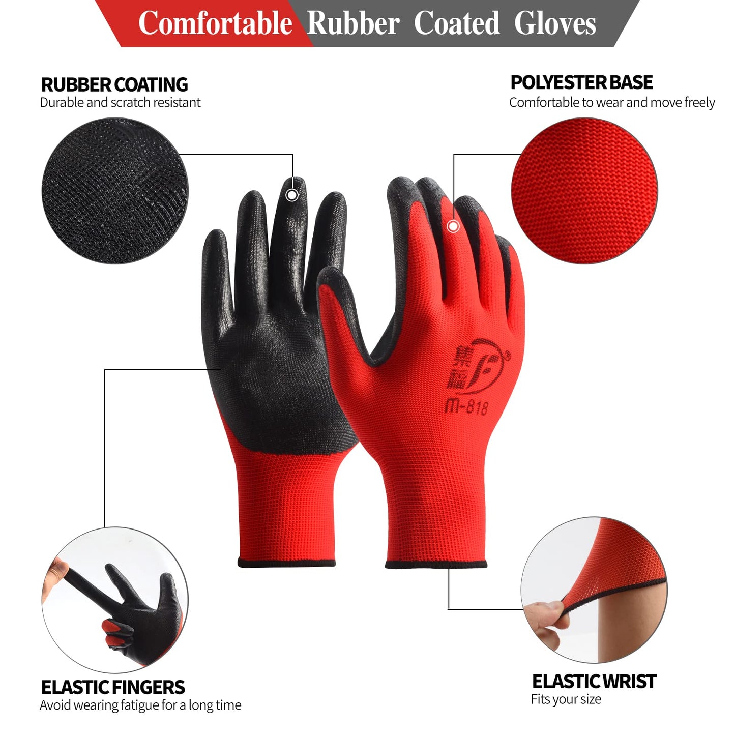 48 Pairs Gardening Gloves for Men Women Rubber Coated Breathable Large Garden Construction Gloves Men Safety Work Gloves, Black & Red