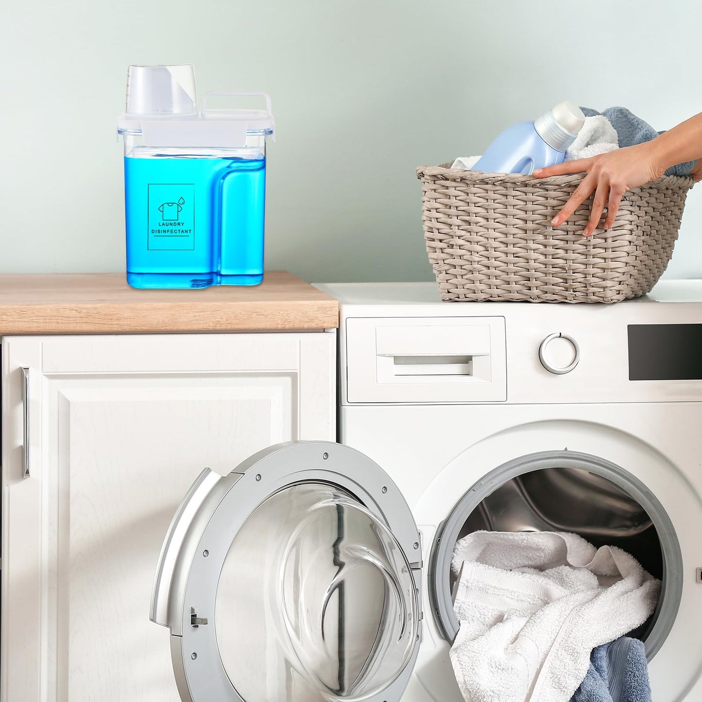 Tatuo 3 Pack Laundry Detergent Dispenser 68 oz Clear Liquid Container with 6 Removable Labels, Fabric Softener Pet Plastic Detergent Dispenser for Laundry Room Organization and Storage