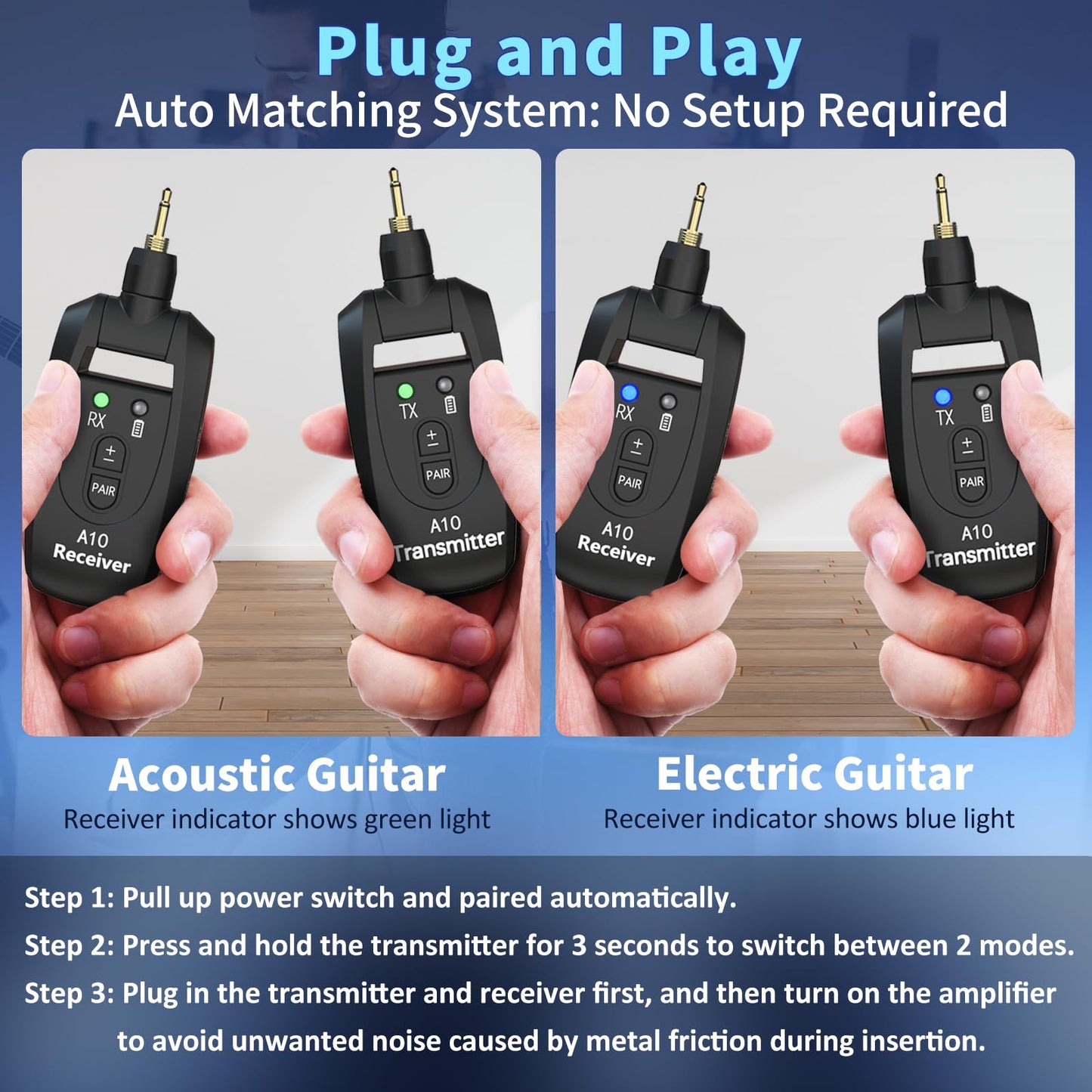 A10 Wireless Guitar Transmitter Receiver, 2.4GHz Rechargeable Transmitter Receiver, 24-bit 48KHz Audio, 100ft Range, No Latency, Plug and Play for Electric Guitar & Bass Accessories