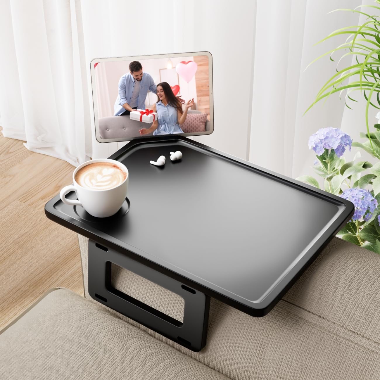 Smatdecis Couch Arm Tray Table Sofa Arm Clip, Armrest Tray Table Suitable for Home Drinks/Fast Food/Fruit Etc, Large Size Multi-Function Table Black A