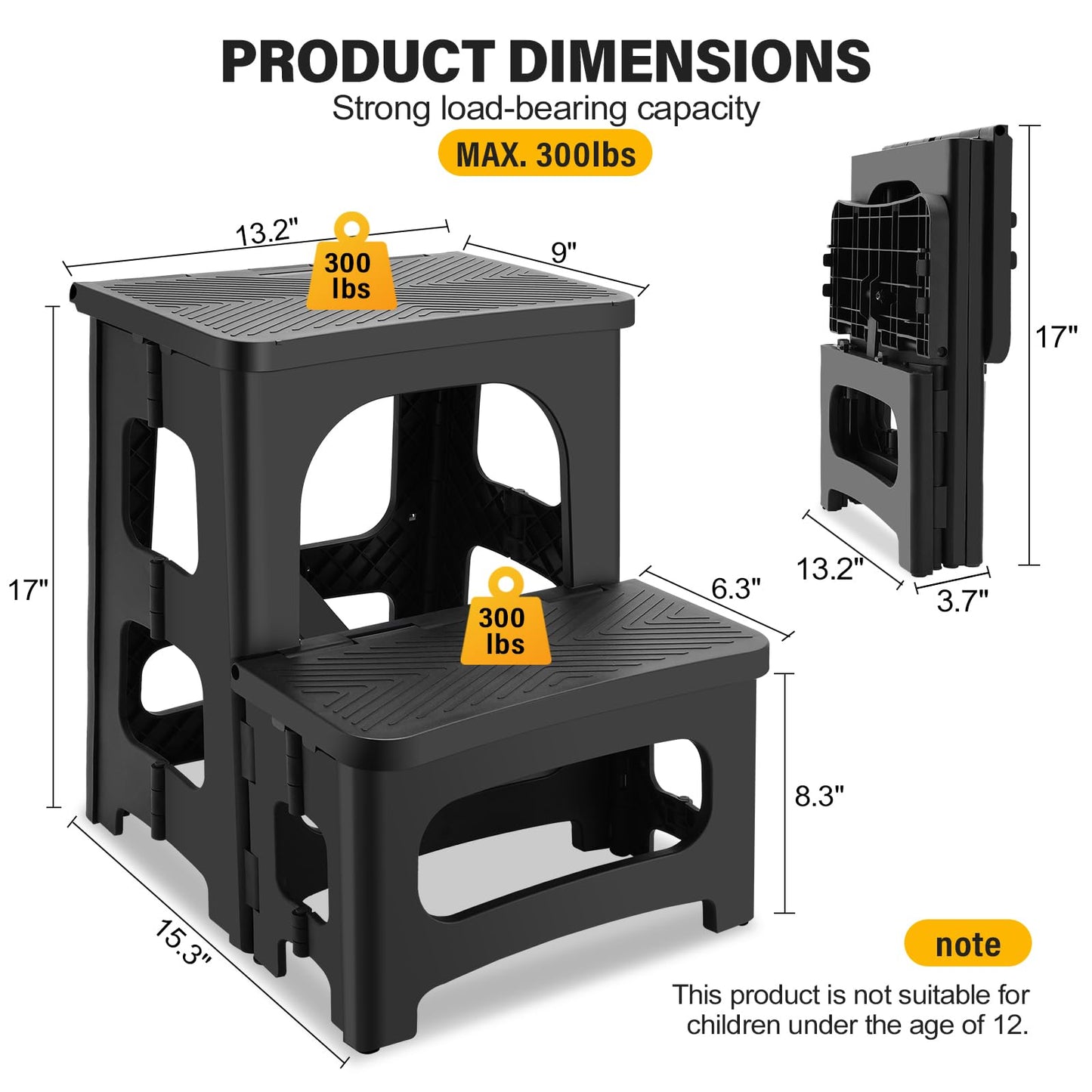 Folding 2-Step Stool for Adults, Non-Slip Collapsible Footstool for Office, Portable Bedside Step Stool, Hold up to 300 lbs, Lightweight & Foldable Step Ladder for Pool Office Home RV