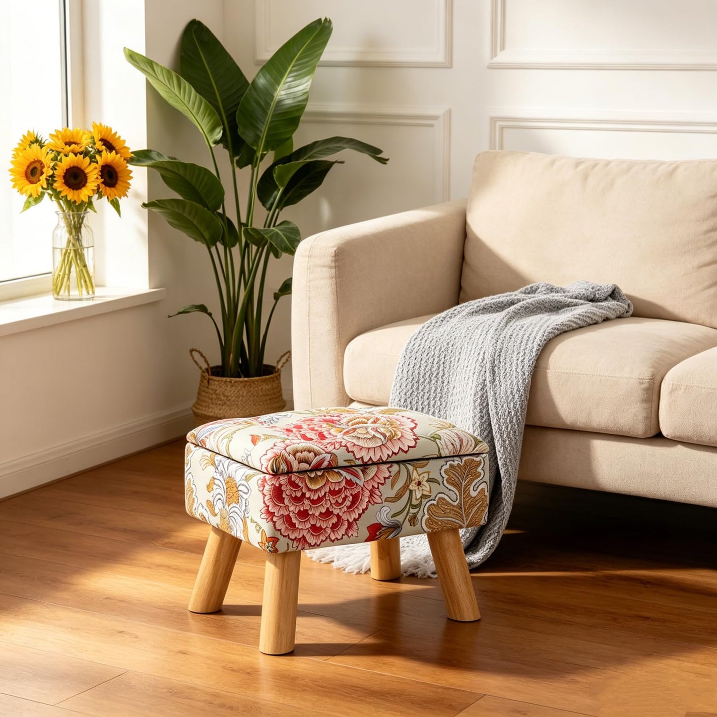 Square Ottoman with Storage Versatile Foot Stool Ottoman Boho Foot Rest with Wood Legs Small Footstools and Ottomans for Living Room and Entryway