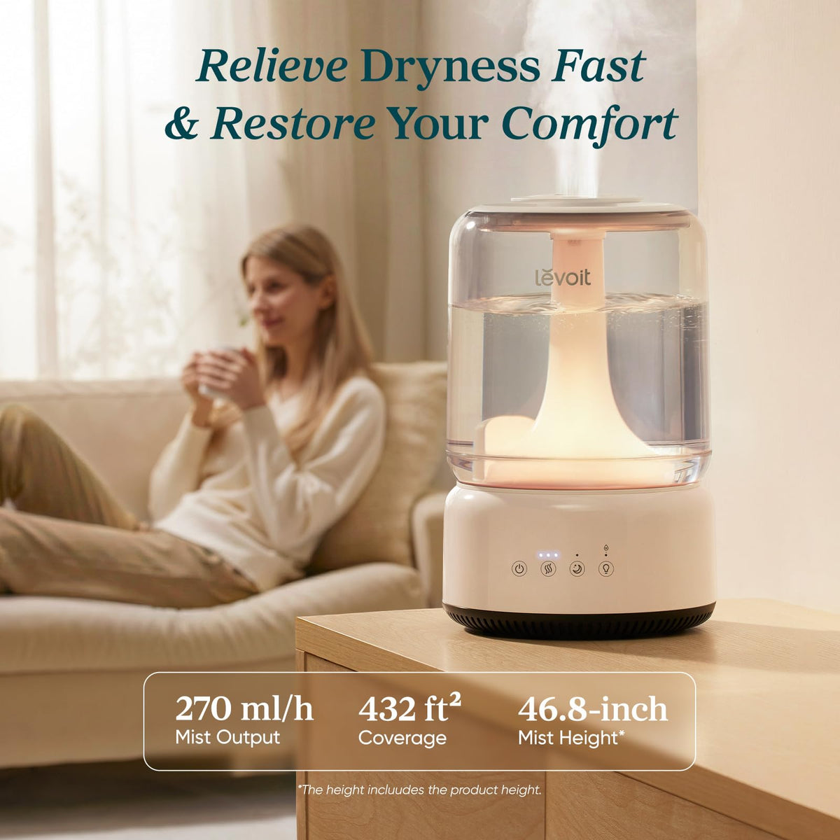 Levoit Humidifiers for Bedroom, 4.2L Top Fill Cool Mist Humidifier for Large Room, 42H Runtime, Dishwasher Safe Design Easy to Clean, 21dB Quiet for Baby, Plants, Night Light, Essential Oil Diffuser