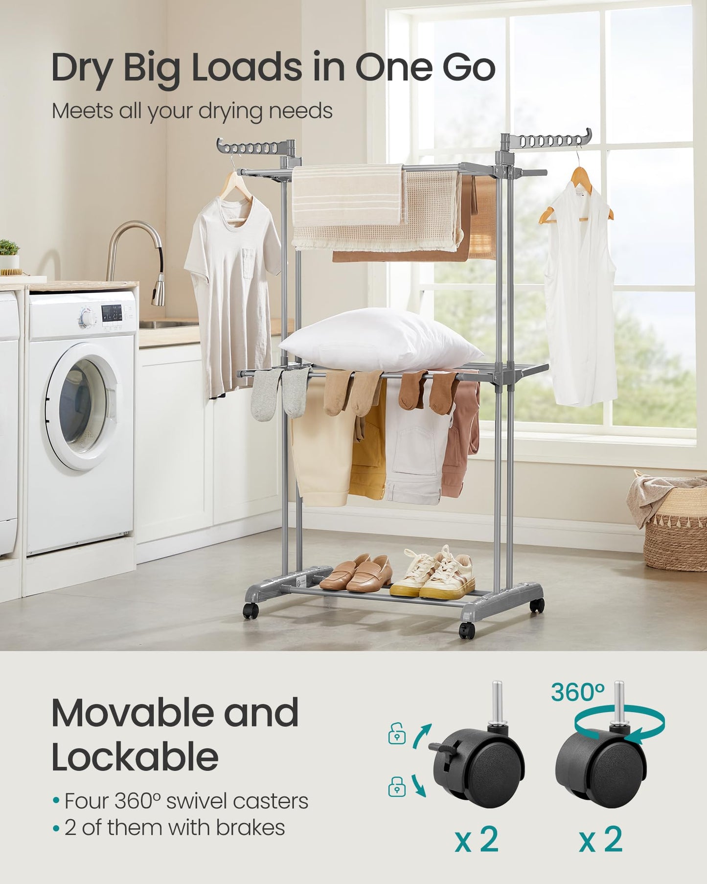 SONGMICS Clothes Drying Rack 3-Tier, Foldable Laundry Drying Rack 148 cm Tall, Steel, Rolling Clothes Horses, Laundry Hanger Dryer Airer, Indoor Outdoor Use, Dove Gray ULLR702G01