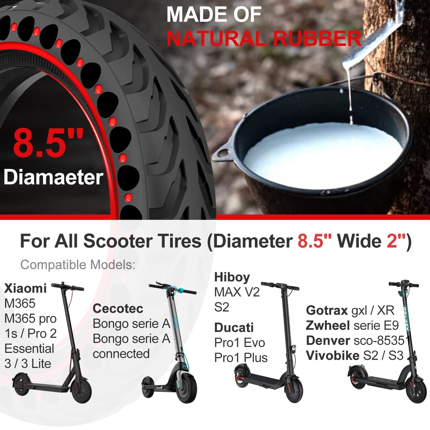 BANGTING 2PCS 8.5x2 inches Solid Tires for Electric Scooter, 8 1/2 x2 Tire for Gotrax GXL V2 / XR/APEX, 50/75-6.1 Tire Replacement for Xiaomi Pro 2 / M365 / 1S (Red (no tools))