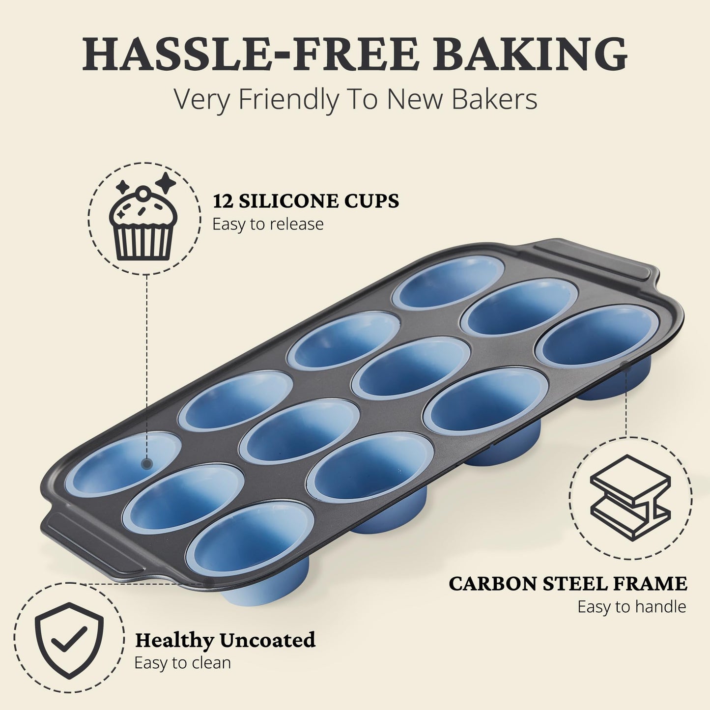 BRONYPRO Silicone Muffin Pan with Metal Frame, Egg Bite Maker Silicone Molds for Baking, Cupcake Pans 12 Regular Size, Muffin Tins Easy to Pop Nonstick Non Toxic Bakeware for Oven,Blue