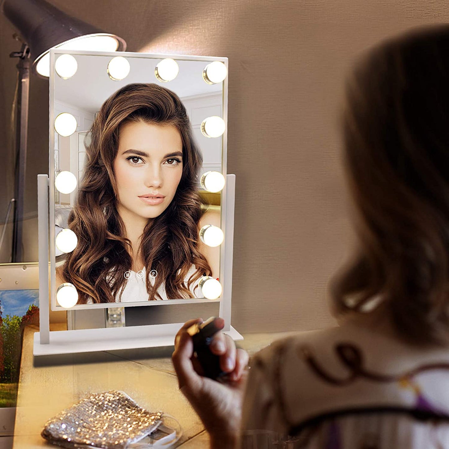 WEILY Hollywood Makeup Mirror with Lights, Large Lighted Vanity Mirror with 3 Color Light & 12 Dimmable Led Bulbs,Smart Lighted Touch Control Screen & 360 Degree Rotation(White)