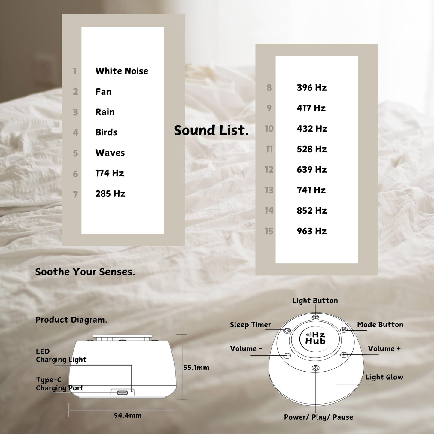 Hz Hub Solfeggio Hertz Frequency Vibrational Sound Healing & White Noise Portable Sound Machine. Meditation/Sleeping/Yoga/Study/Relaxing 15 Calming Sounds. 3 Timers & 3 Lights (Light Grain, Standard)