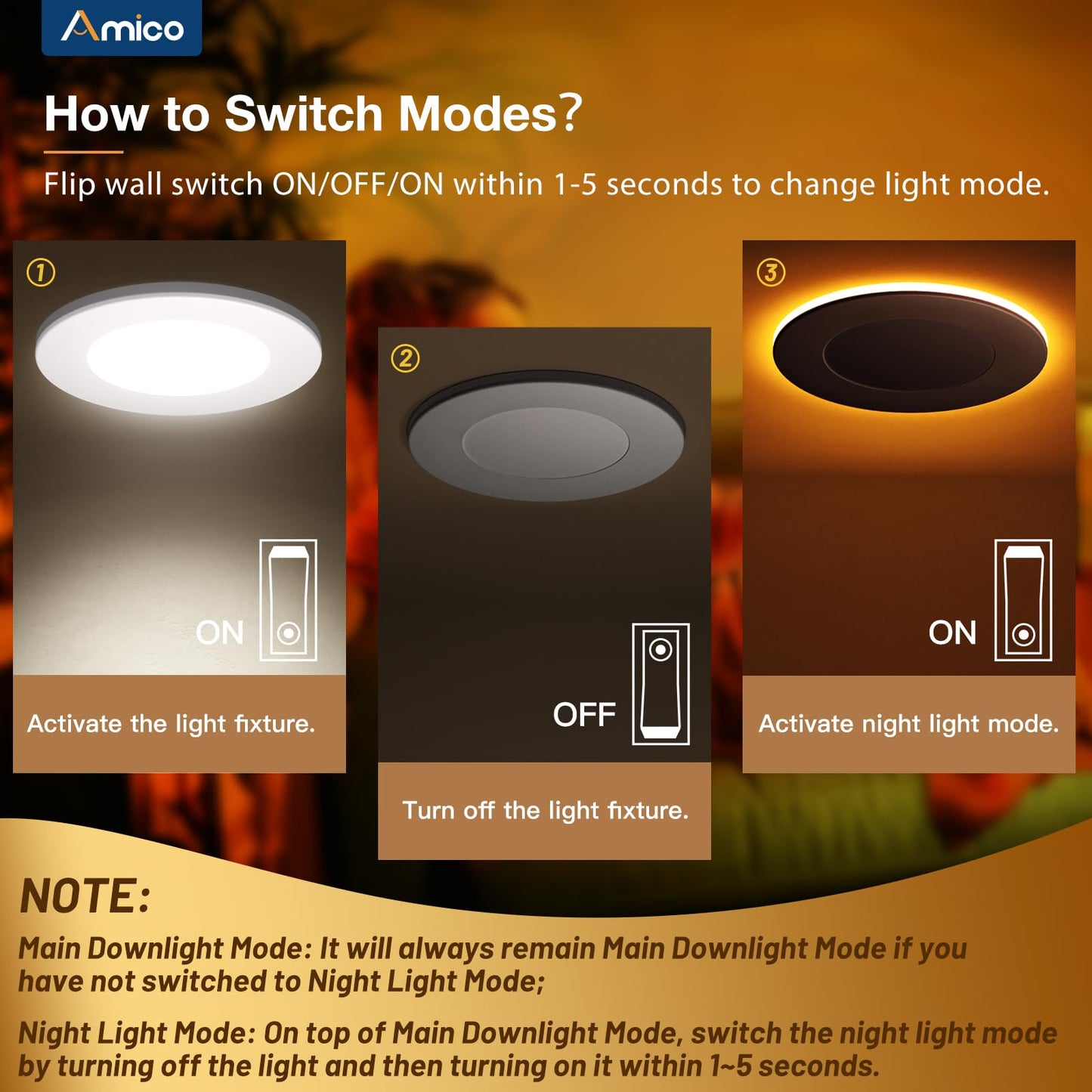 Amico 6 Pack 4 Inch 5CCT Recessed Pot Light with Night Light, 2700K/3000K/3500K/4000K/5000K Selectable, 10W 700LM Dimmable Lumiere Encastre Plafond Led, IC-Rated Light with Junction Box, ETL & FCC