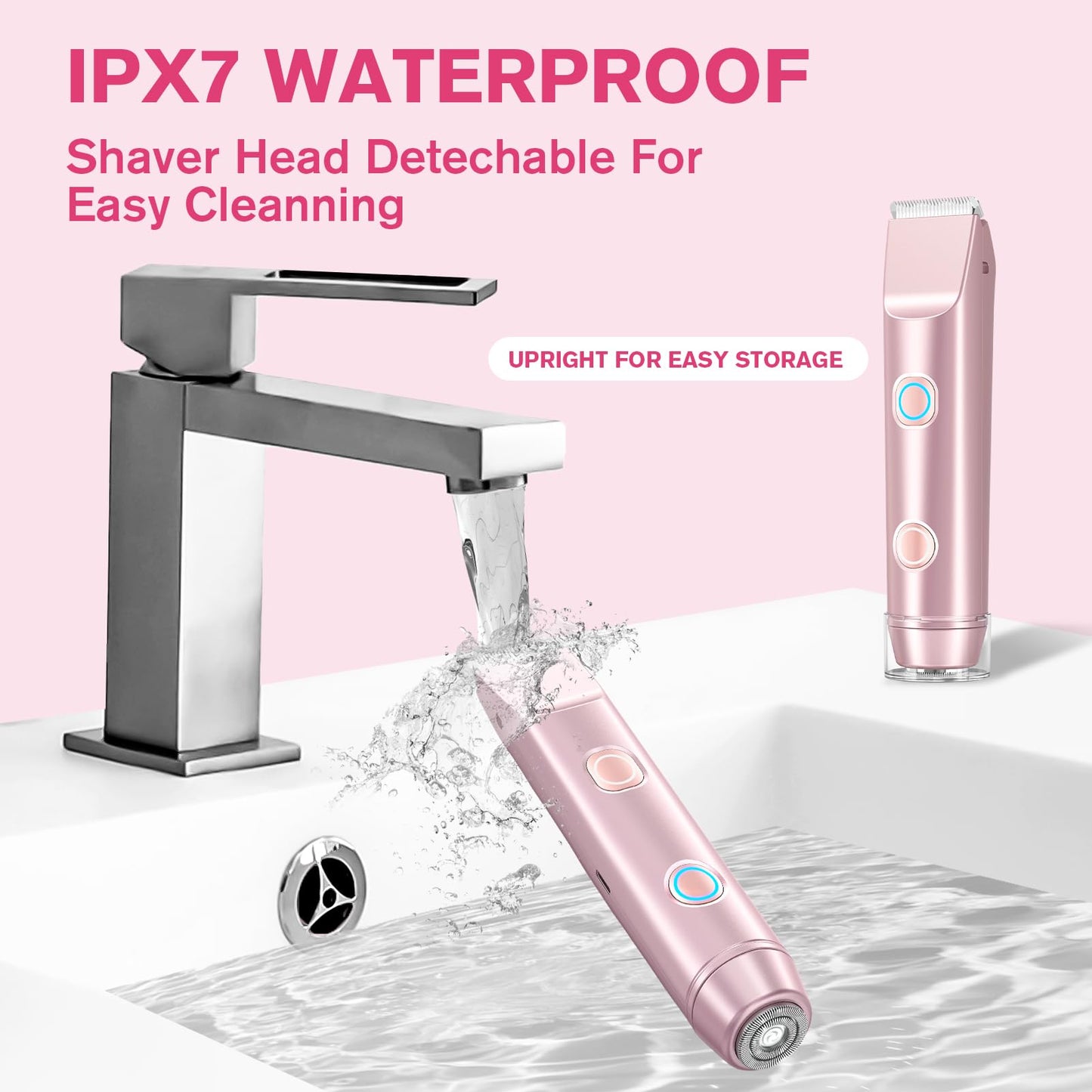 Bikini Trimmer for Women, Cordless Electric Shaver Razors with Ceramic Blade Heads, Rechargeable Pubic Hair Trimmer with IPX7 Waterproof for Underarm Leg Face Arm Pubic Area, Wet/Dry Use(Rose Gold)