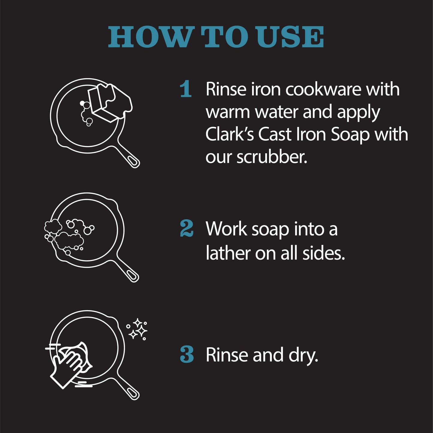 CLARK'S Complete Cast Iron Care Kit - Seasoning Oil (12 oz) - Soap - Scrub Brush - Applicator Pad - Suitable for All Cast Iron and Carbon Cookware Maintenance