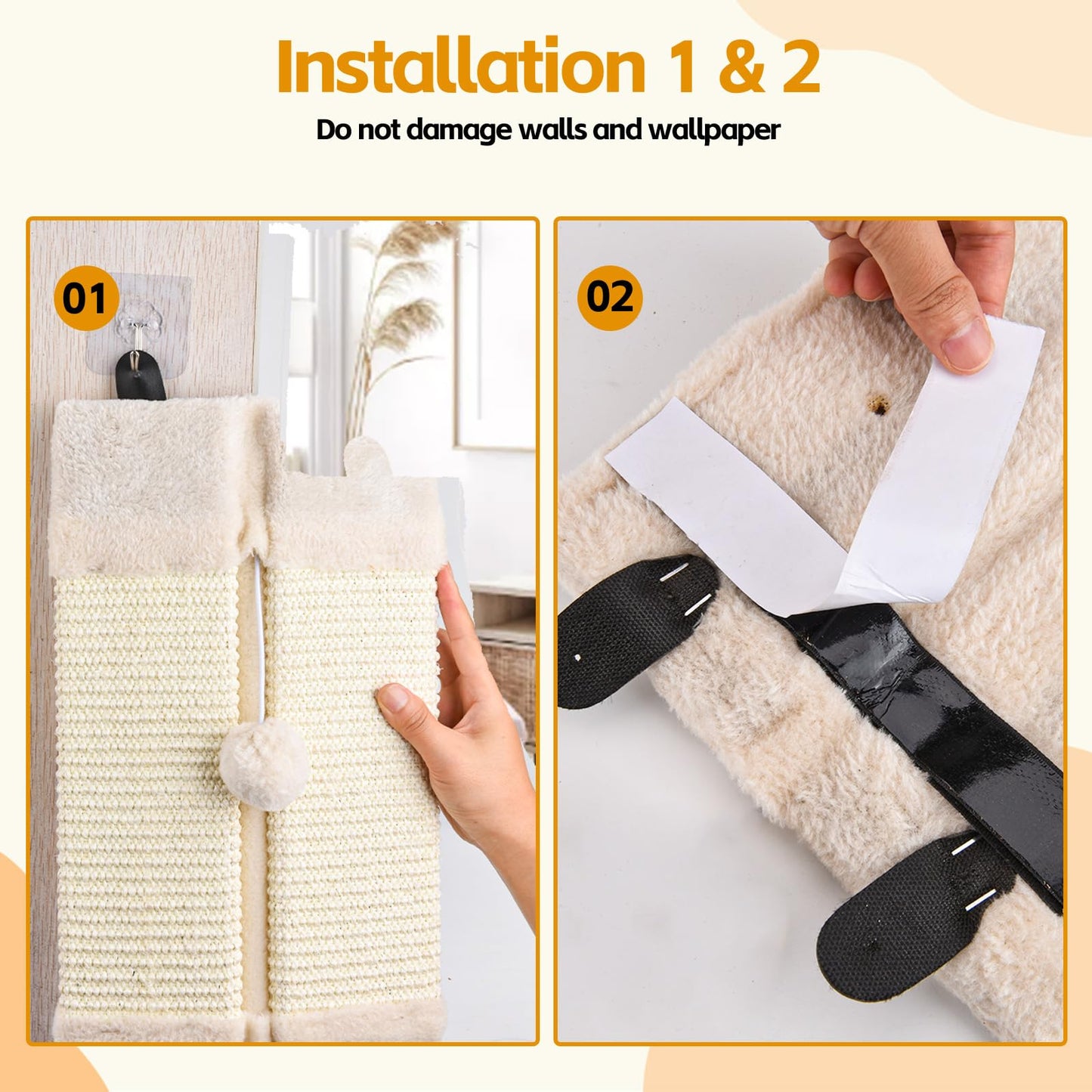 LIFLIX 2PCs Wall Mounted Cat Scratcher Corner, Sisal Cat Scratching Pad with Hanging Ball, Indoor Scratch Furniture Protector, 44 x 21 x 2 cm