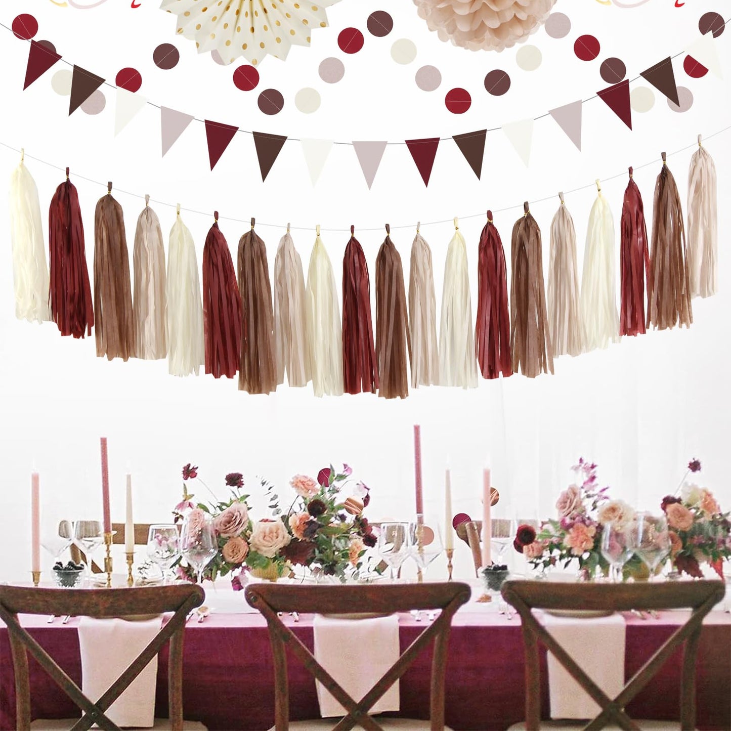 Brown Burgundy Champagne Dusty-Pink Party-Decorations - 33pcs Banner,Streamers Tassel Garland,Fall Boho Baby Shower,Wedding Tissue Pom Poms Honeycomb,Paper Lantern Fan,Birthday,Engagement Hugtmr