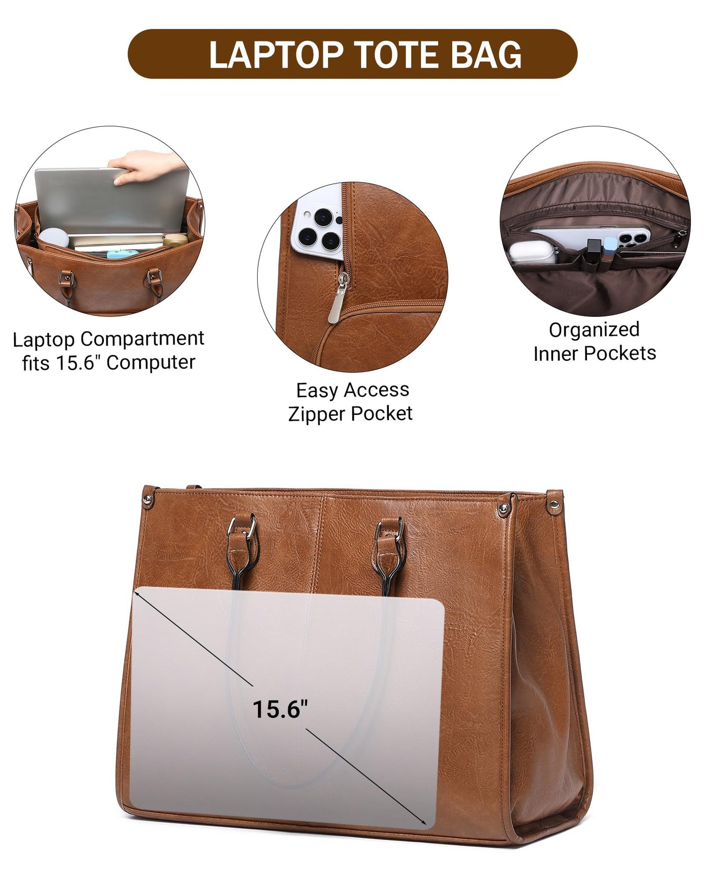 Laptop Tote Bag with Insulated Lunch Compartment for Women Work, PU Leather Lunch Bag with 15.6 Inch Computer Compartment Brown