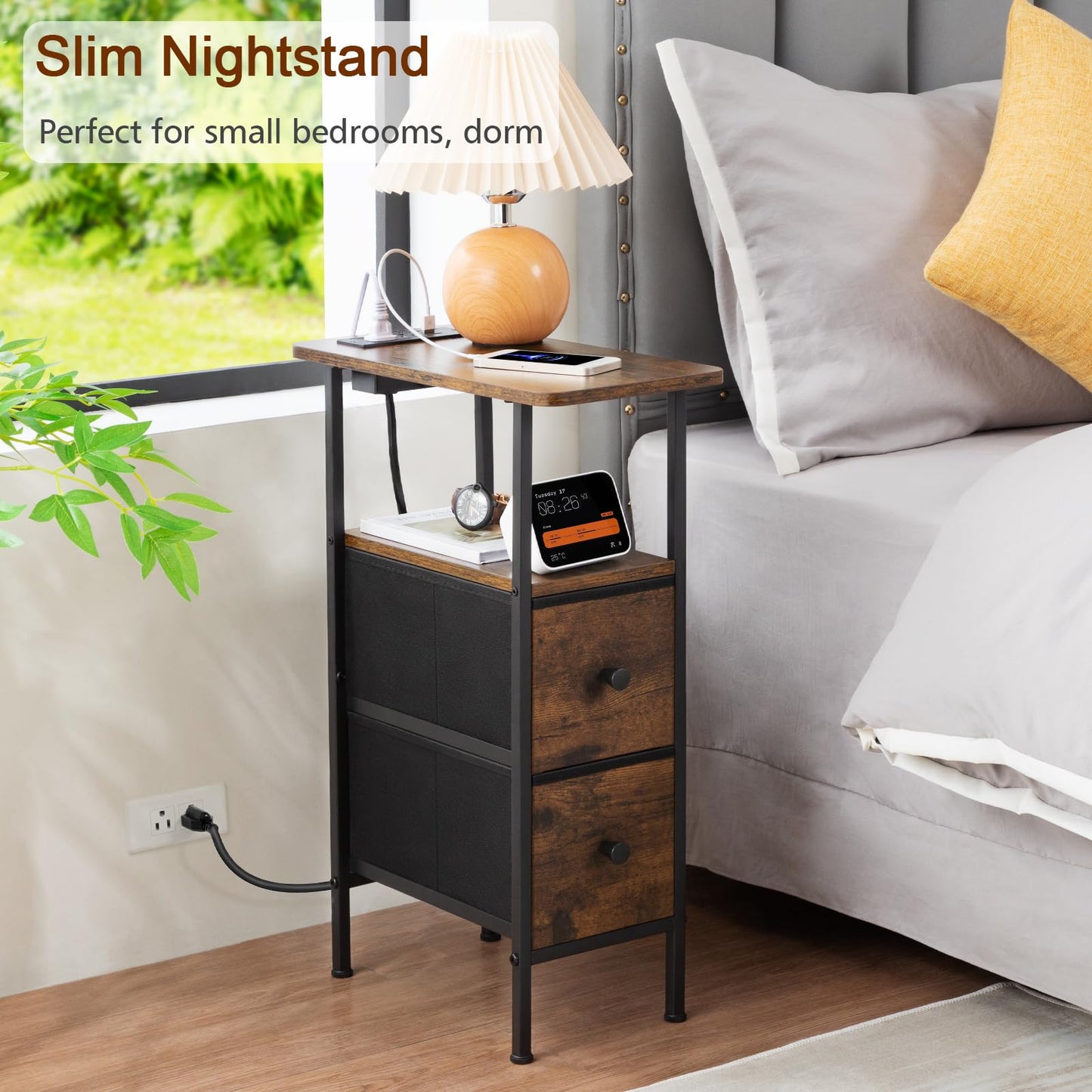 LOAKEKEL Narrow End Table Living Room with Charging Station, Skinny Side Table with Fabric Drawers, Slim Nightstand for Bedroom, Small Spaces, Couch, Brown, HETNDP02BR-1