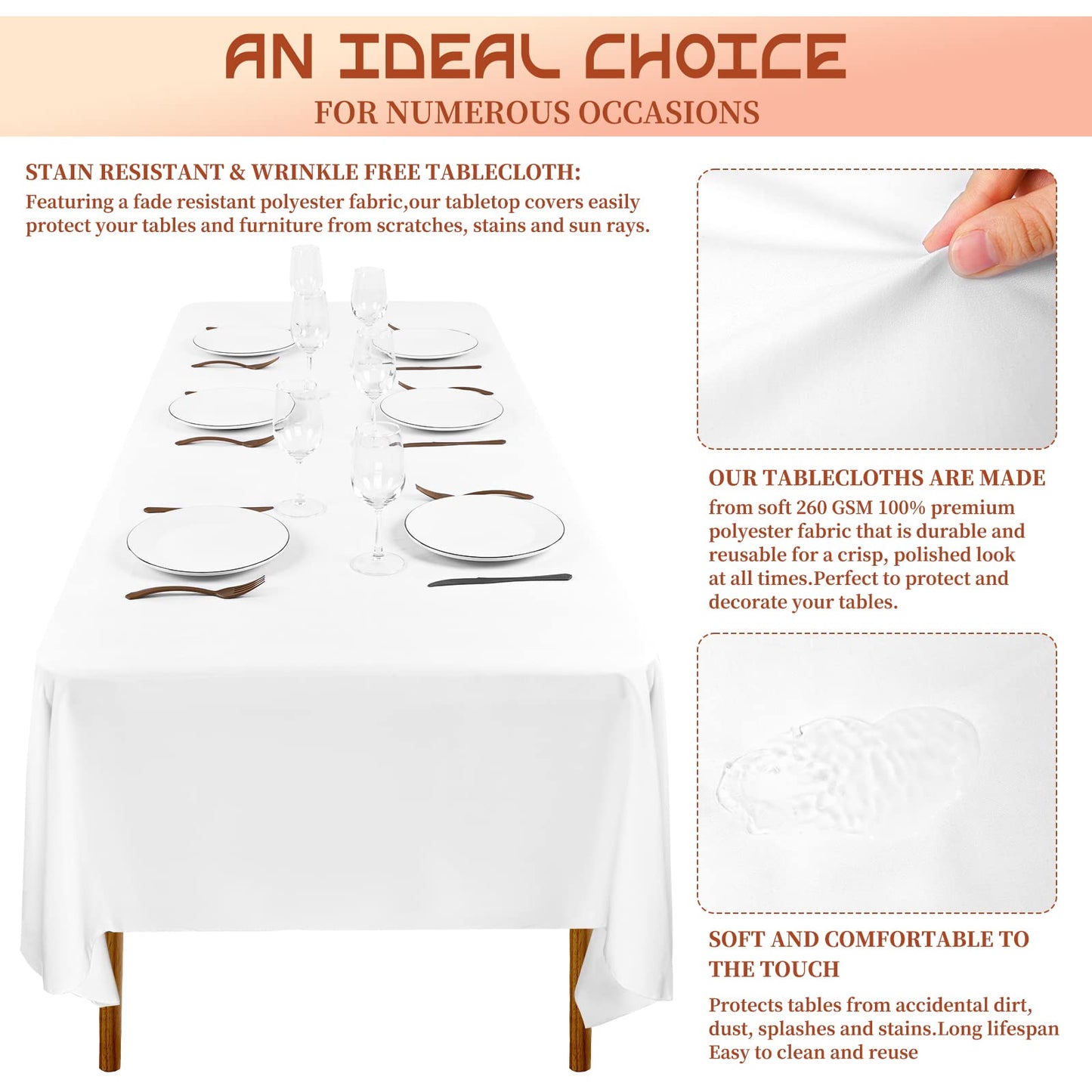 6 Pack White Tablecloth 60 x 102 Inch, Rectangle Table Cloth for 6 Foot Table, Wrinkle Resistant Washable Polyester Table Cover for Wedding Dining Table Buffet Parties and Camping