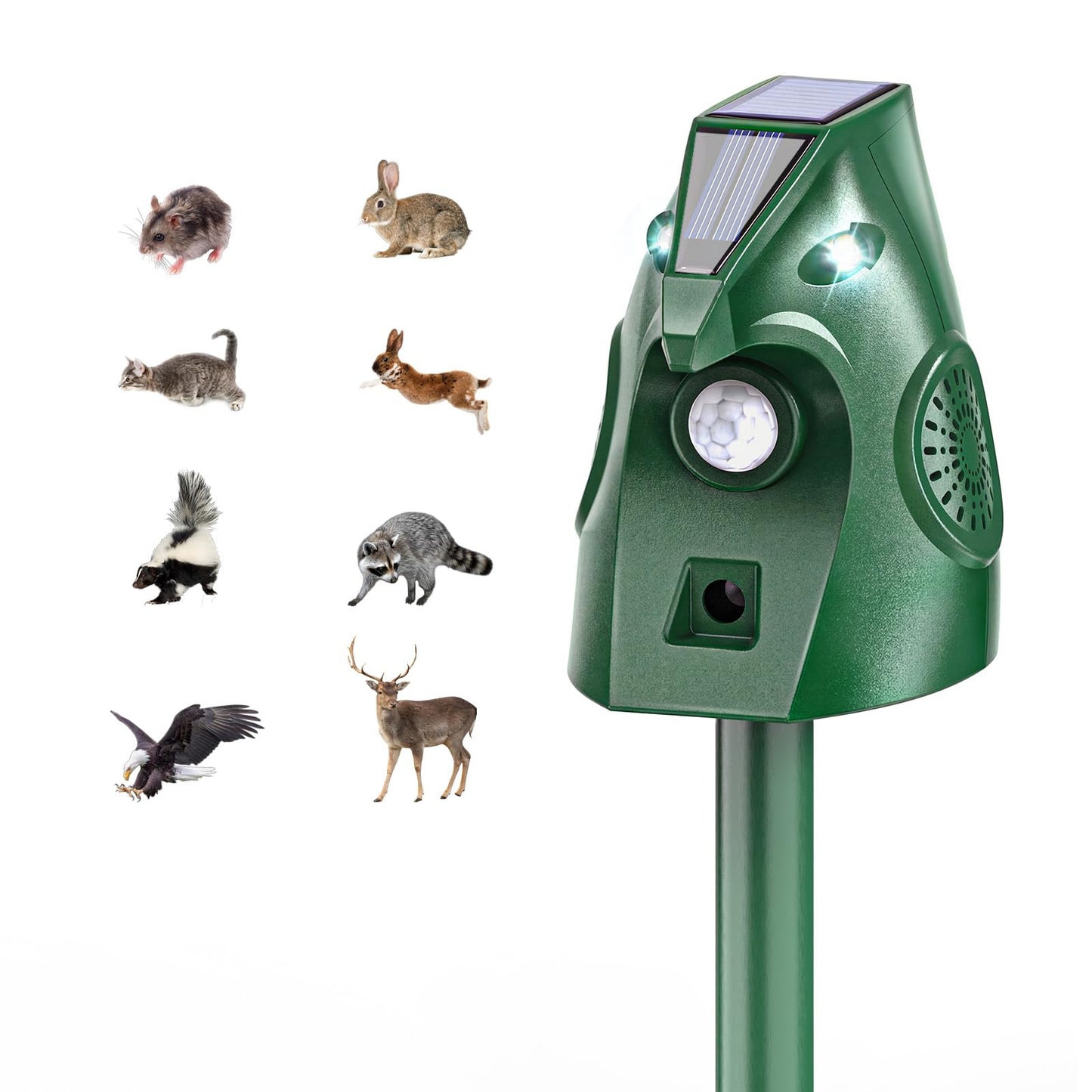 Ultrasonic Animal Repellent Outdoor, Solar Power Cat Rodent Raccoon Repeller, Squirrel Skunk Control Device with Motion Sensor and FIashing Light, Waterproof Rabbt Snake Deterrent for Outdoor