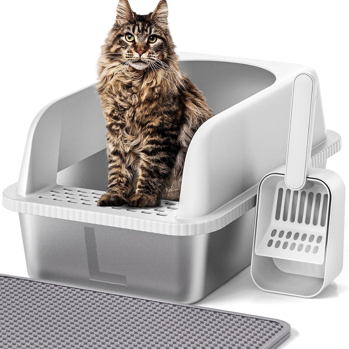 Stainless Steel Cat Litter Box with Lid, 20" L x 14.2" W x 11.8" H, Extra Large Litter Box for Big Cats with High Sided, Anti-Urine Leakage, Easy Cleaning (Light Grey)