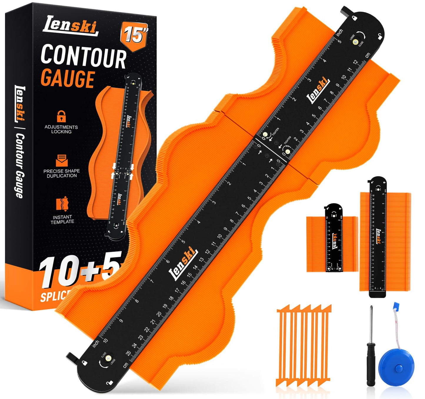 Lenski Fathers Day Gift Ideas Contour Gauge Tool with Lock 10+5 Inch, Super Gauge Shape and Outline Gifts for Men, Woodworking DIY Tools for Men Husband Dad