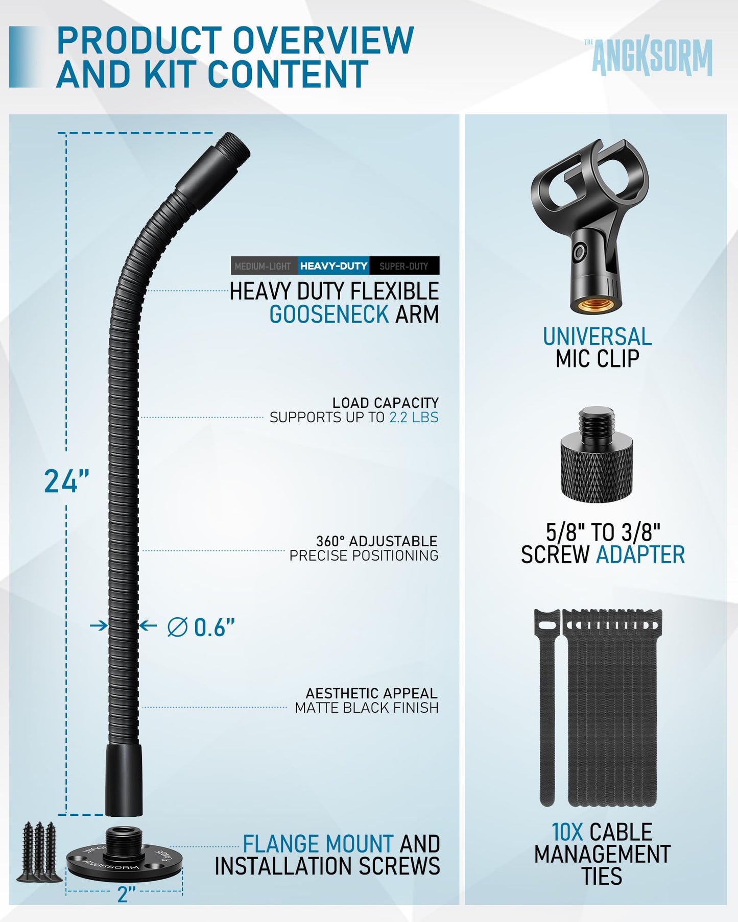 24-INCH Gooseneck Mic Stand - Heavy-Duty Desktop Gooseneck Mic Stand with Podium Flange Mount, Gooseneck Microphone Holder for Podium Wall Voice-Over, Gaming, Recording, Studio, Cameras, Lights
