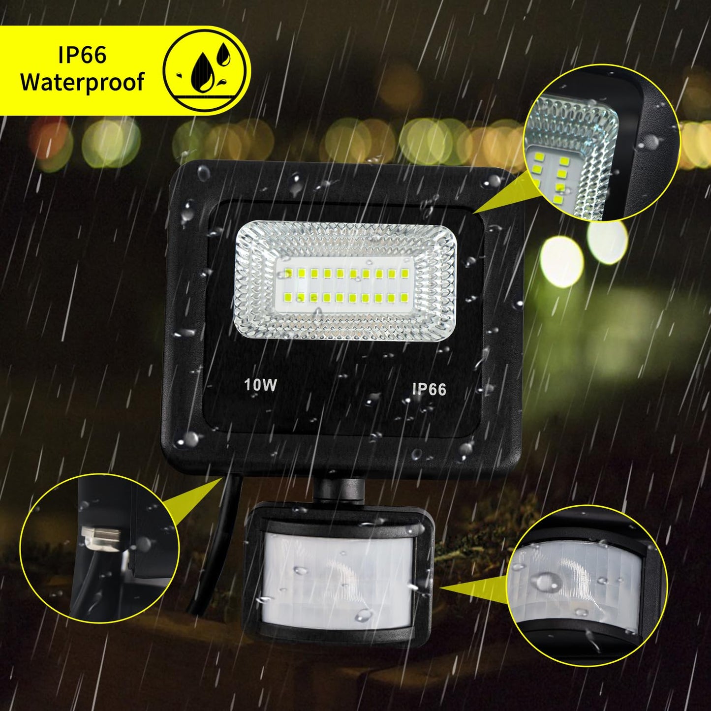 LudoPam LED Motion Sensor Flood Light Outdoor,10W Security Light, IP66 Waterproof Outdoor Light,1100LM,6500K with Plug Motion Security Lights with Plug for Garage Yard Patio Pathway Porch Entryways