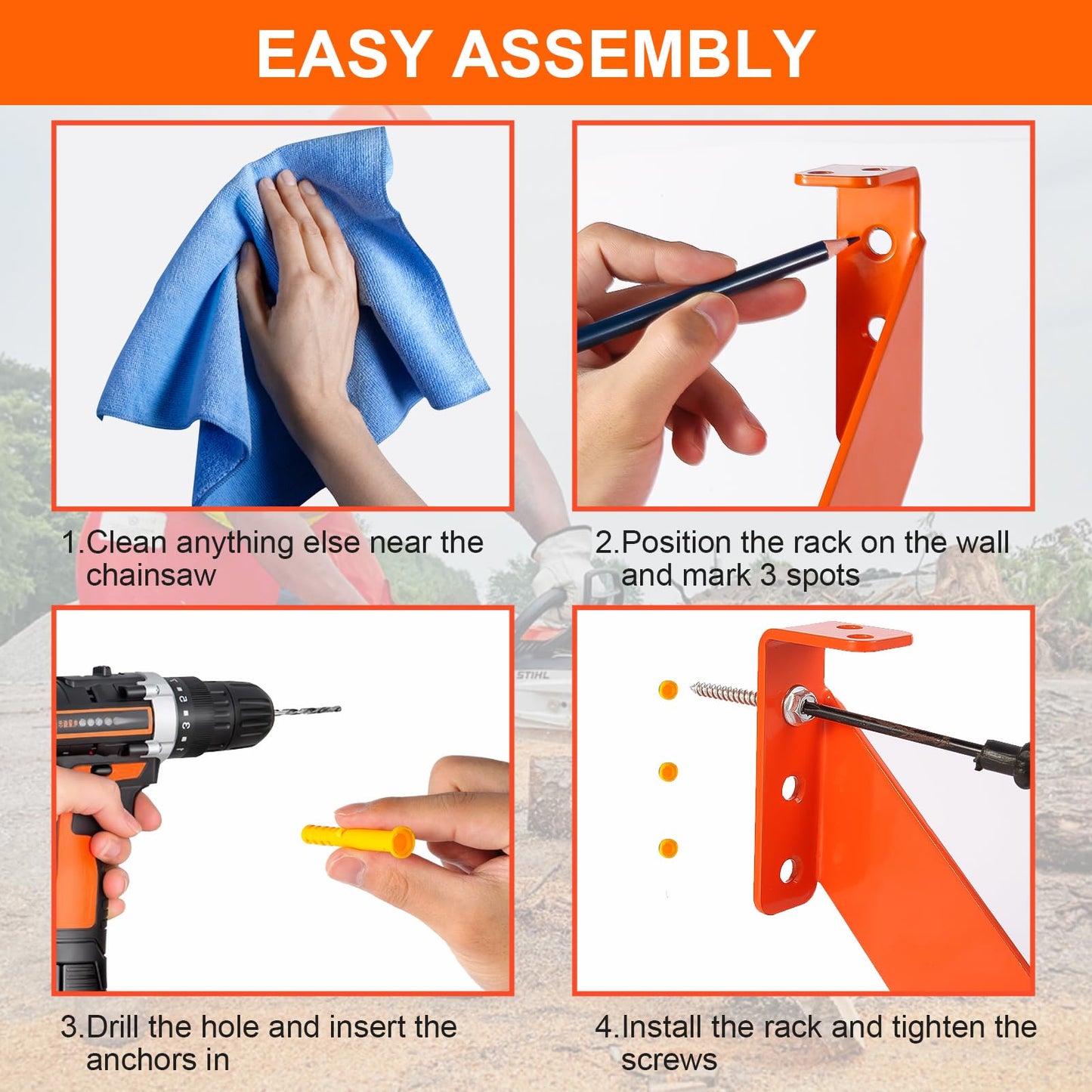 3-in-1 Chainsaw Holder 10in - Heavy Duty Chainsaw Wall Mount, 10 Gauge Steel Chain Saw Hanger for Garage Organization, Hefty Rack Storage Organizer for Chainsaw Accessories and Tools, 180 Lbs Capacity