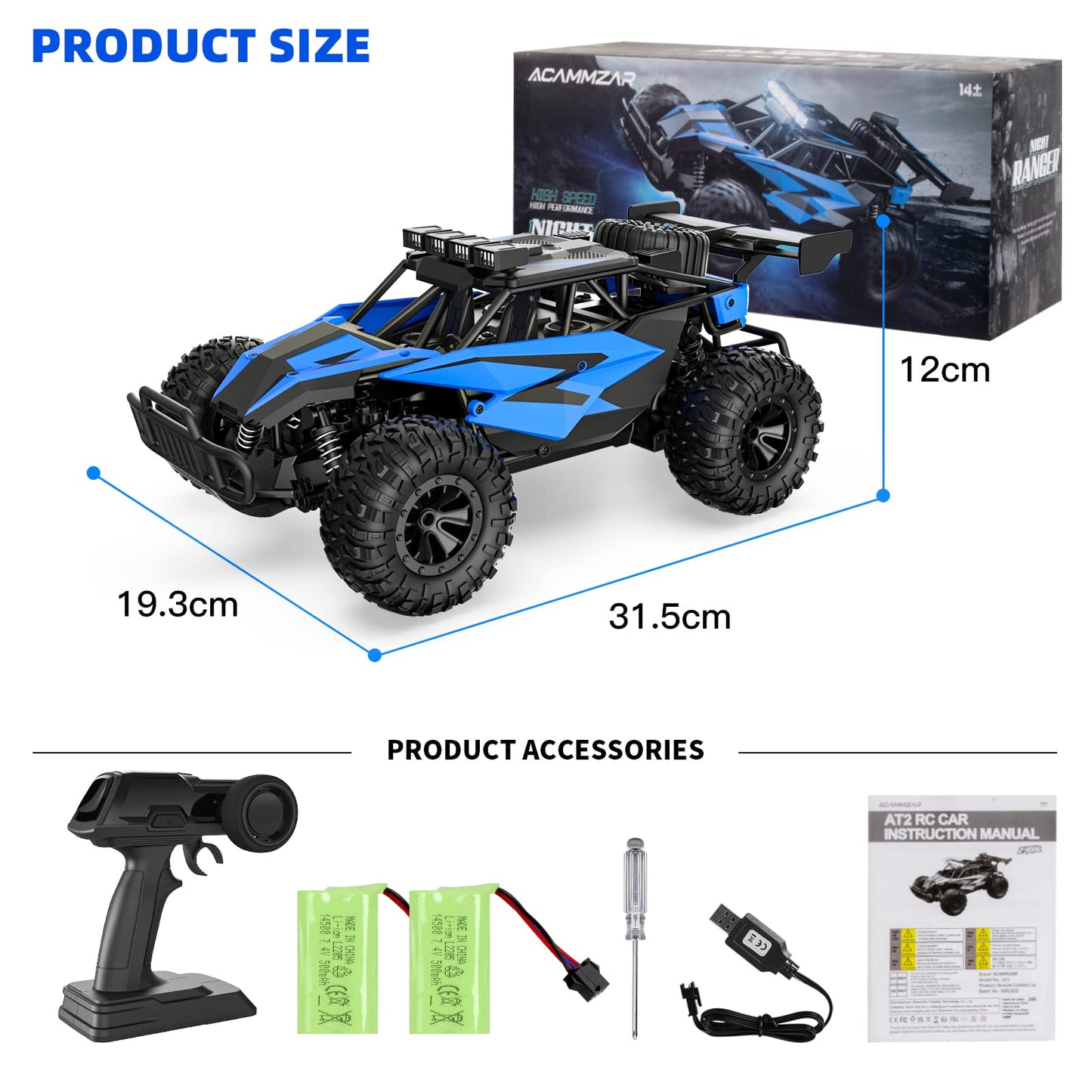 ACAMMZAR AT2 Remote Control Cars for Kids, 1:16 20+Km/h High Speed Off Road RC Car, All Terrains 2WD RC Trucks Vehicle, with 2 Batteries 50+min Play Time for Adults Boys 8-12