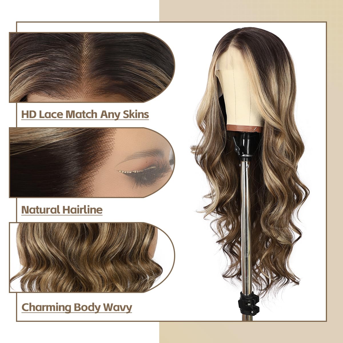 BABEHERS Highlight Brown Lace Front Wig for Women 13x4 Body Wave Synthetic Wigs Balayage Pre-plucked Long Wavy 150% Density Heat Resistant Hair Daily Use 26 Inch