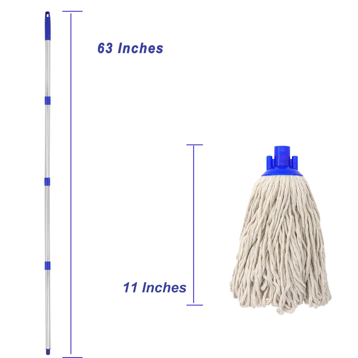 Cotton Cloth Mop, 4 Section Stainless Steel Pole + Two Cotton String Mop Heads White