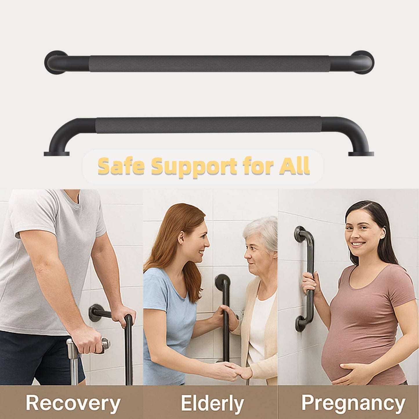 2 Pack Shower Grab Bar, 32 Inch Bathroom Grab Bar Handle with Anti-Slip Knurled Grip, Stainless Steel Bath Balance Bar, 1.25" Diameter Bath Safety Bar Support for Seniors Elderly Pregnant, Matte Black