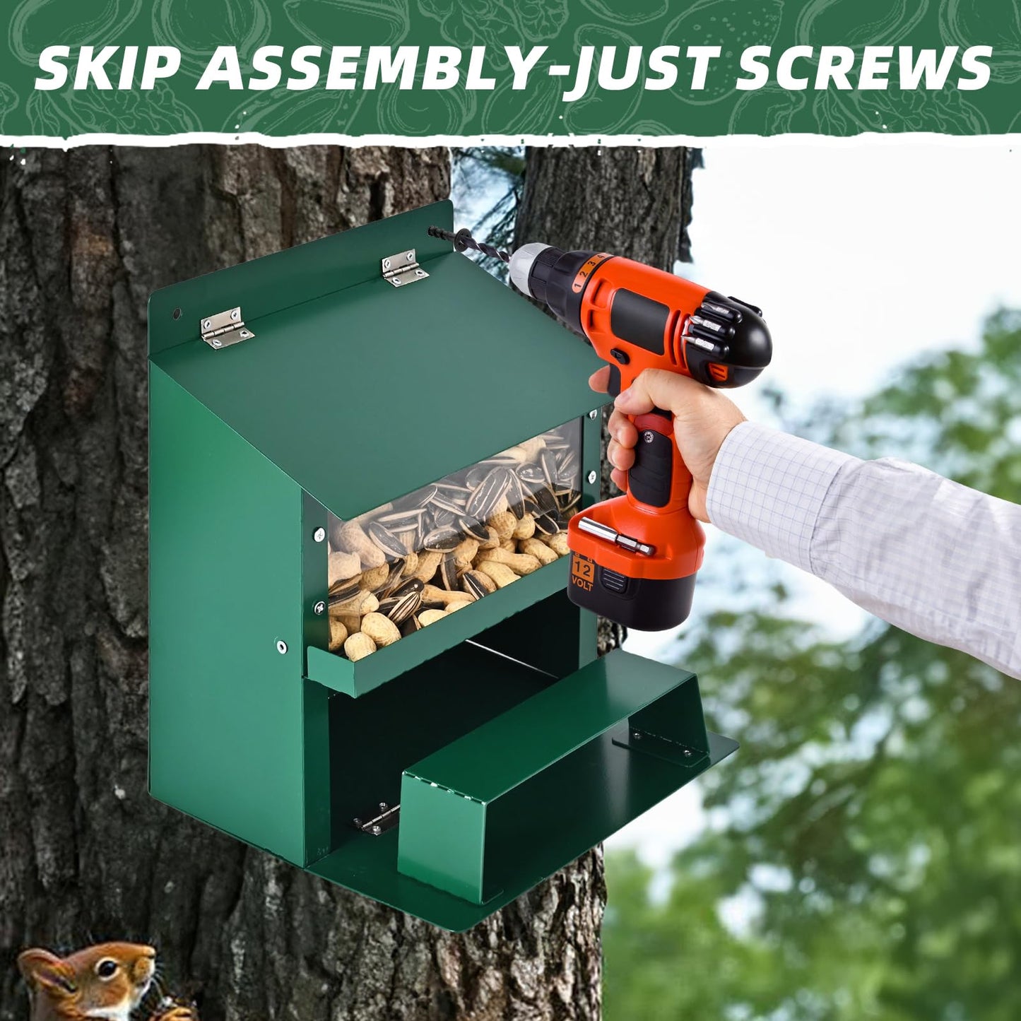 Squirrel Feeders for Outside, Metal Squirrel Feeder with Flip Lid, Large Transparent Bin, Outdoor Hanging Squirrel Feeder for Squirrel, Chipmunks, Wildlife, Great Gift for Mom & Nature Lovers