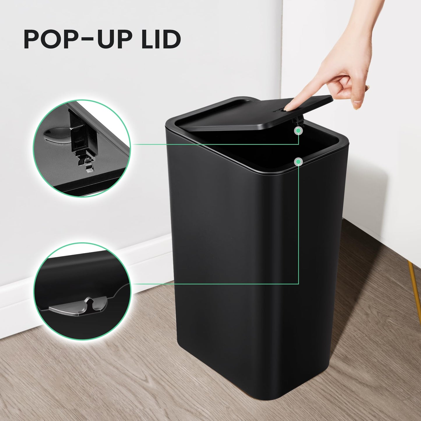 Cesun 2 Pack Bathroom Trash Can with Lid, 4.0 Gallon / 15 Liter Small Garbage Can with Press Top Lid, Plastic Wastebasket with Pop-up Lid for Toilet, Office, Bedroom, Living Room, Black