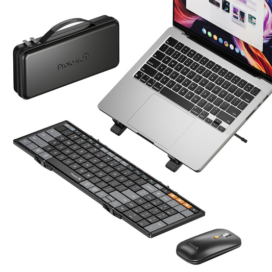 ProtoArc Foldable Keyboard Mouse Combo, XKM01 CaseUp Portable Bluetooth Keyboard and Mouse with Laptop Stand, a Mobile Work Solution for On-The-Go, Compatible with Laptop PC MacBook Windows Mac OS
