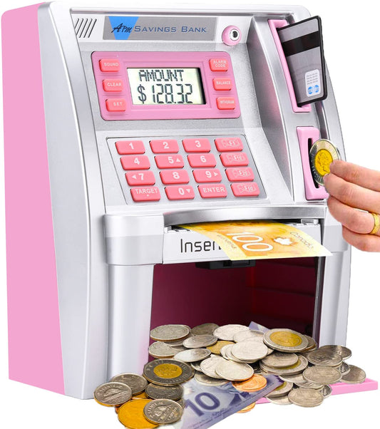 Canadian Dollars ATM Piggy Bank for Kids with Debit Card, Power-Off Memory, Coins Identification, Electronic Digital Coin Savings Money Bank Machine Box with Code