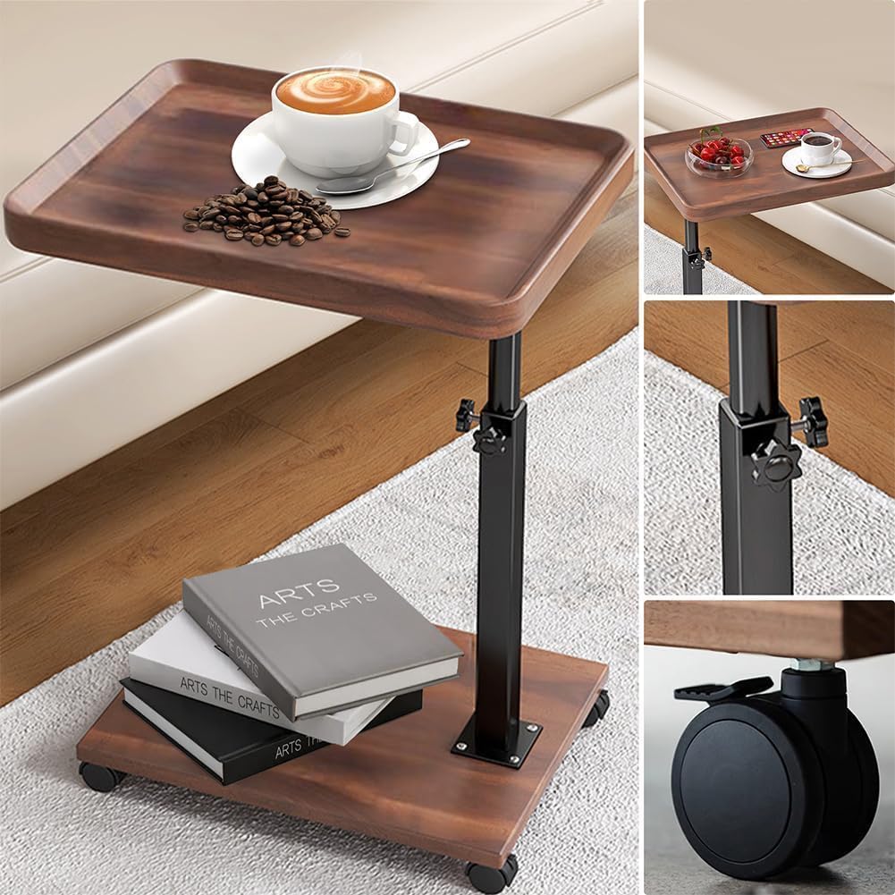 Premium Adjustable C-Shaped TV Tray Sofa Side Table with Wheels – Couch Tray for Snacks, Food, TV, Bed, Bathroom, or Study Use (Brown)