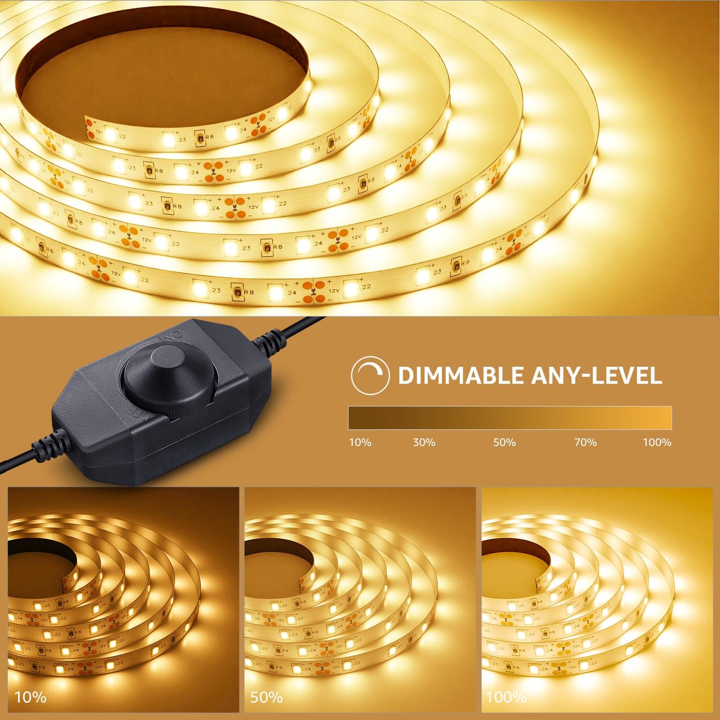 Lepro LED Strip Lights, 32.8ft 24V Dimmable and Flexible Strip Lights, 3000K Warm White, 600 Units 2835SMD Tape Light for Home, Kitchen, Bedroom, Car and More, Non Waterproof, Power Adapter Included